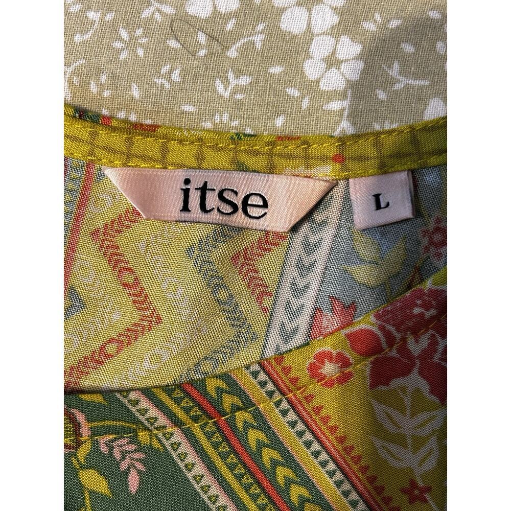 Boho Floral Geometric Tassel Fringe Dress Green Pink Tropical Tunic L - Picture 8 of 9